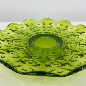 Vintage Viking Glass Yesteryear Bulls Eye Avocado Green Footed Cake Plate 12"